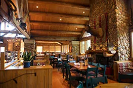 Dining room with log beams and stone fireplace